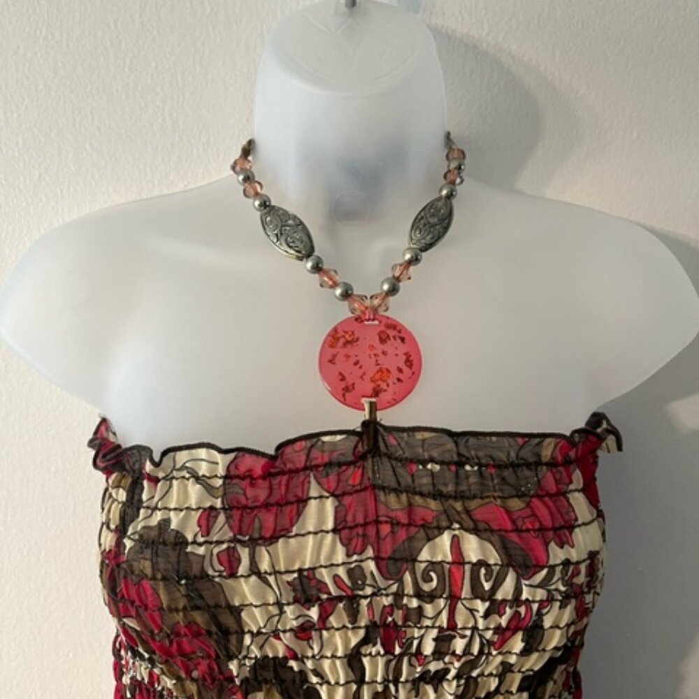 Strapless Smocked Red & Cream Patterned Women’s Jeweled Halter Top - Picture 3 of 8